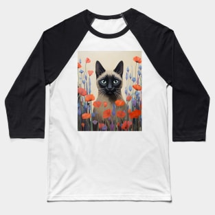 Feline Garden Delight: Retro Vintage Siamese Cat Florals Baseball T-Shirt